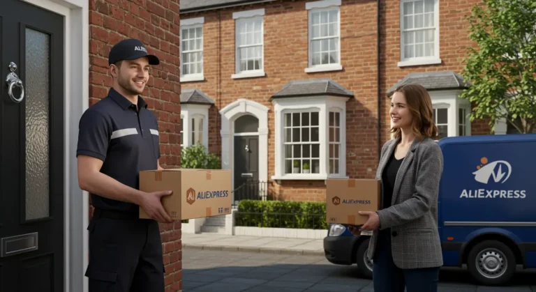 Express delivery truck speeding past landmarks, Aliexpress parcels, UK flag, and clock illustrating rapid online shopping and fastest shipping for UK customers.
