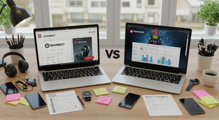 Comparison of Gearbest and AliExpress for tech shoppers, highlighting pros and cons of each online platform, focusing on pricing, product range, and shipping.