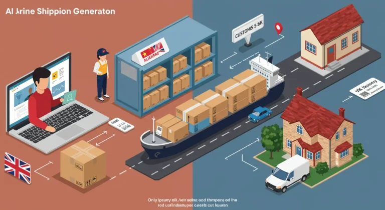 AliExpress parcels, tracking icons, and UK landmarks illustrate the process of international shipping from China to the UK for online shoppers.