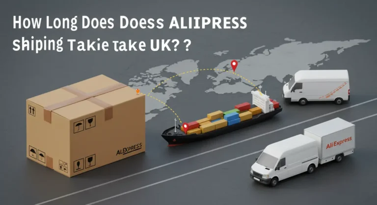 A smartphone displaying the AliExpress app with a UK flag and delivery boxes, symbolising online shopping and estimated shipping times to the United Kingdom.