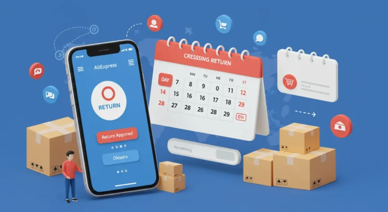 An online shopper checks return status on AliExpress website, tracking processing time after approval in a digital shopping environment with a laptop and parcel.