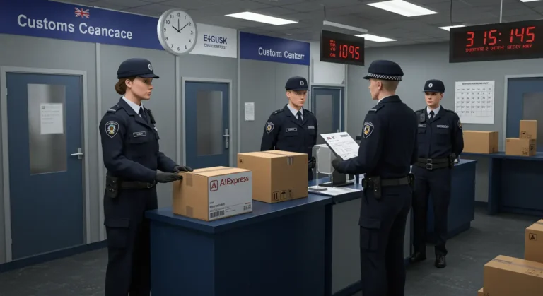 Aliexpress packages awaiting customs inspection in UK warehouse, highlighting import delays and clearance times for online shopping deliveries through international shipping.