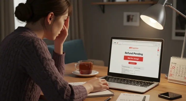 A shopper checks their Aliexpress order refund status on a laptop, highlighting refund processing times and UK online shopping experience.