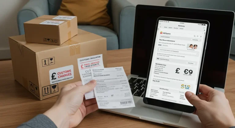 A stack of parcels with AliExpress logos, a calculator, and UK flag, highlighting customs charges for online shopping deliveries to the United Kingdom.