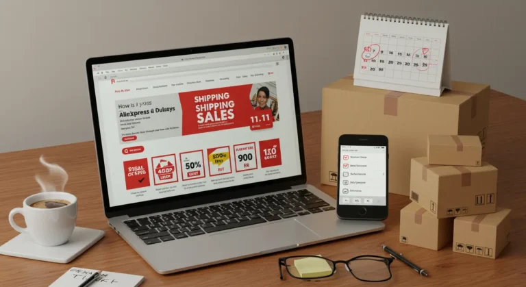 Online shoppers tracking parcels on laptops and smartphones, surrounded by sale banners and delivery icons, emphasising strategies to avoid long Aliexpress shipping delays.