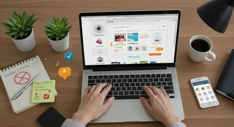 How to Avoid Low-Quality Products on Aliexpress Person shopping online on laptop, comparing product ratings and reviews on AliExpress, avoiding low-quality items by checking seller feedback and detailed product images.