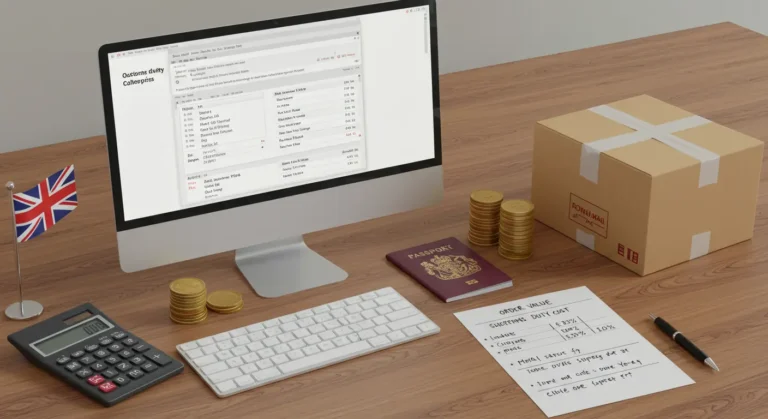 Laptop displaying AliExpress website, calculator, UK flag, and customs form illustrate calculating customs duty and VAT for online shopping orders in the UK.