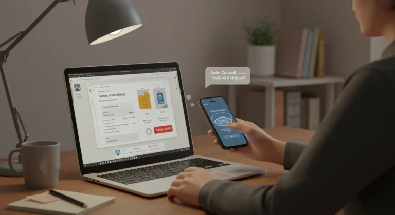 Customer on laptop cancels online shopping order before dispatch, ensuring refund process begins. Illustrates easy cancellation and refund steps in digital shopping experience.