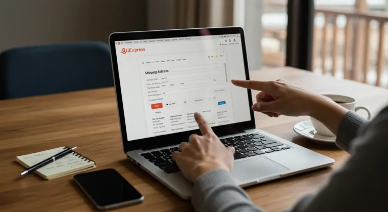 User updating shipping address on AliExpress account via laptop, highlighting address fields, emphasising easy online shopping and secure delivery information management.