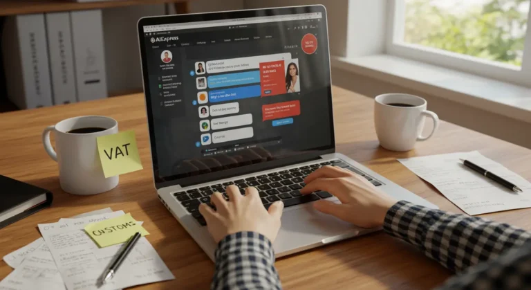 Aliexpress customer contacting support online via laptop about VAT and customs issues; live chat, help centre icons, and shopping cart visible on screen.