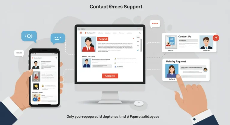 Person using laptop to contact AliExpress support for refund issues, with shopping cart, chat window, and help icons highlighting online shopping assistance.