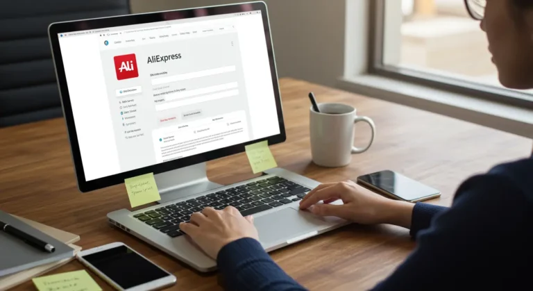 AliExpress business account dashboard with laptop, shopping cart icon, business analytics graphs, and users managing bulk orders for efficient online shopping and e-commerce management.