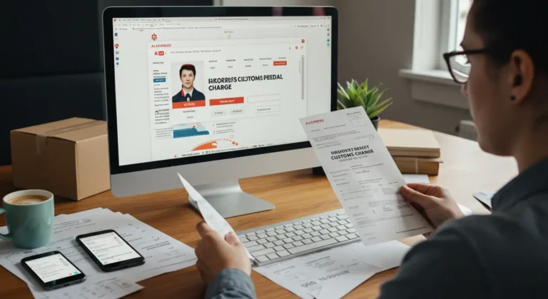 A shopper disputes an incorrect customs charge from Aliexpress online, highlighting a laptop, receipts, and a customs form for resolution in the UK.