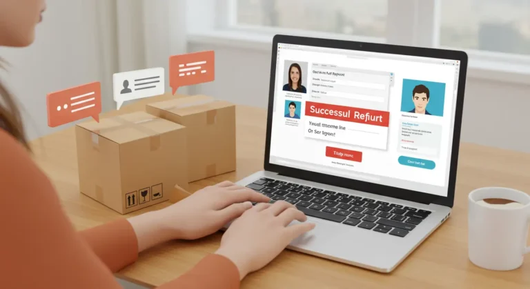 Aliexpress refund process illustration, showing customer receiving full refund for online purchase without returning item; concept of hassle-free online shopping and buyer protection.
