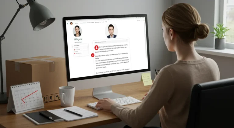 Customer chats with AliExpress support on laptop, seeking assistance for delayed package delivery during online shopping, help icons and tracking map visible on screen.