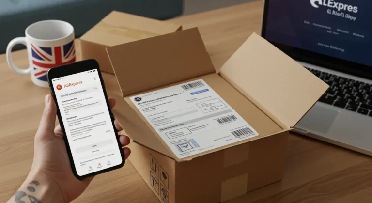 A UK online shopper reviewing Aliexpress customs declaration forms and import charges on a laptop, surrounded by delivered packages and a customs notice.