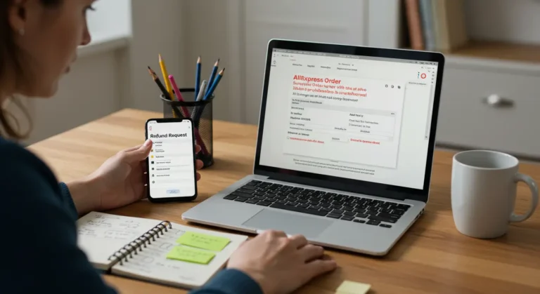 Customer reviews fake tracking number on laptop, contacts Aliexpress support, requests refund, highlighting secure online shopping and buyer protection against fraudulent sellers.