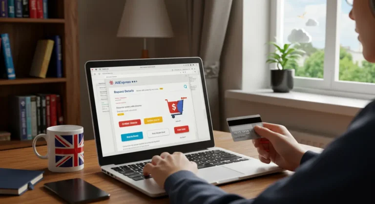 A shopper in the UK navigating the AliExpress app on a smartphone, selecting a product to request a refund, highlighting online shopping and customer service.