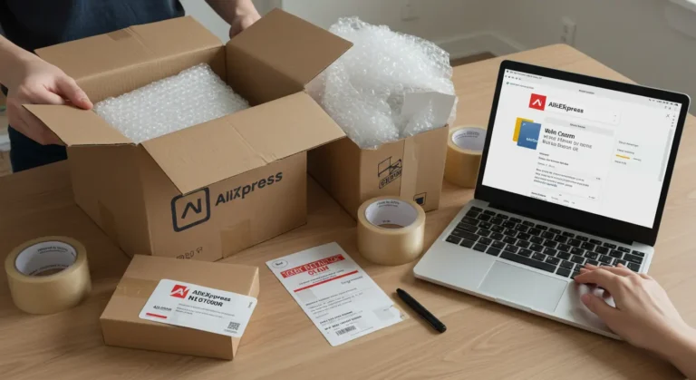 Customer initiates return for Aliexpress order in the UK, packaging item, using return label, and preparing parcel for courier collection or post office drop-off.