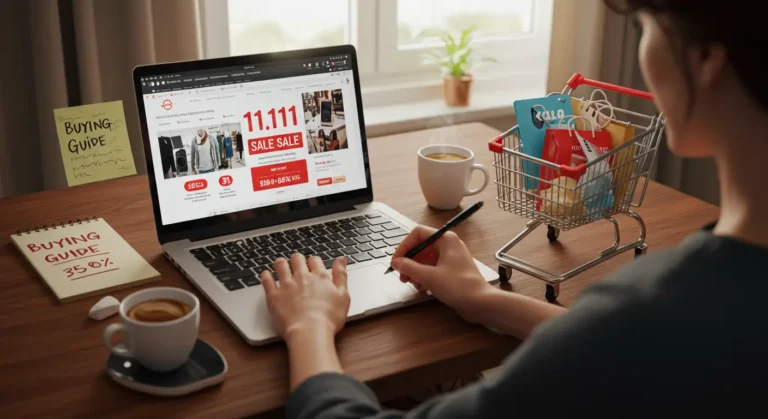 Online shoppers browsing Aliexpress deals on laptops and phones during 11.11 and Black Friday sales, comparing prices, discounts, and adding items to cart.