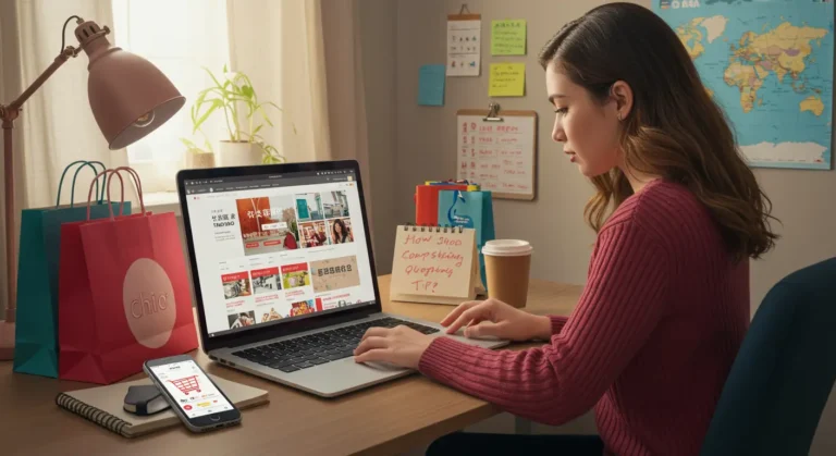 A beginner browsing Taobao on a laptop, comparing products, reading reviews, and adding items to the cart for a smooth online shopping experience.