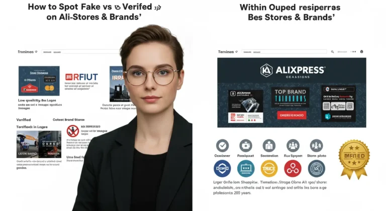 Comparison of fake and verified brands on AliExpress, highlighting trust badges, seller ratings, authentic logos, and secure payment icons for safe online shopping.