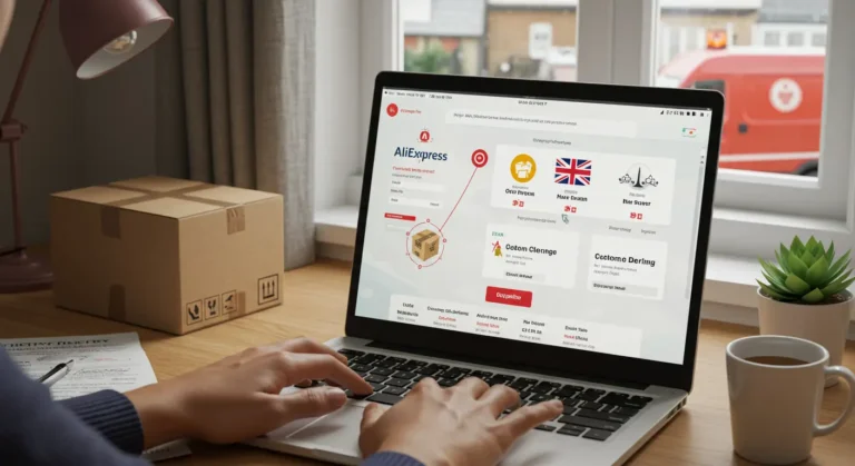 Mobile phone displaying AliExpress order tracking page, highlighting customs clearance status updates for a UK delivery, with shopping parcels and British flag in background.