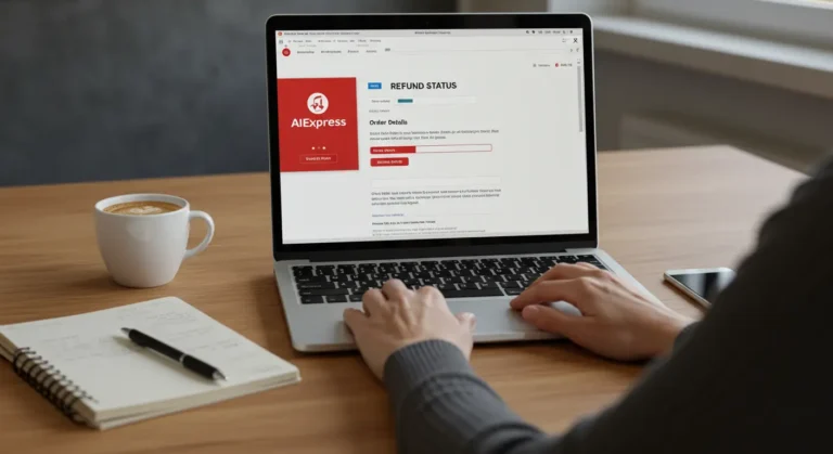 A user checks the AliExpress app on a smartphone, tracking the status of their refund for an online shopping order in progress.