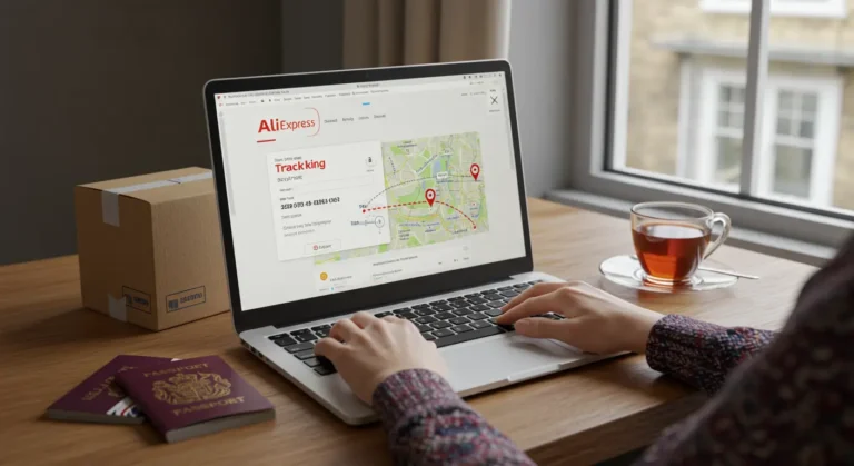 Tracking an AliExpress package to the UK online, highlighting order details, tracking numbers, delivery progress, and estimated arrival for convenient online shopping updates.
