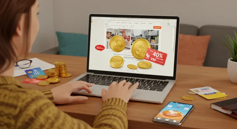 Person using laptop for online shopping on AliExpress, redeeming coins and vouchers for discounts, maximising savings with digital coupons and special deals.