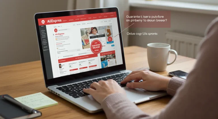 Aliexpress guaranteed delivery process illustrated with icons: selecting products, checking guaranteed delivery badge, placing order, and tracking online shopping shipment for timely arrival.