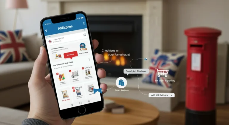 AliExpress app interface on a smartphone, displaying product listings, search bar, and shopping cart, illustrating easy online shopping from the UK.