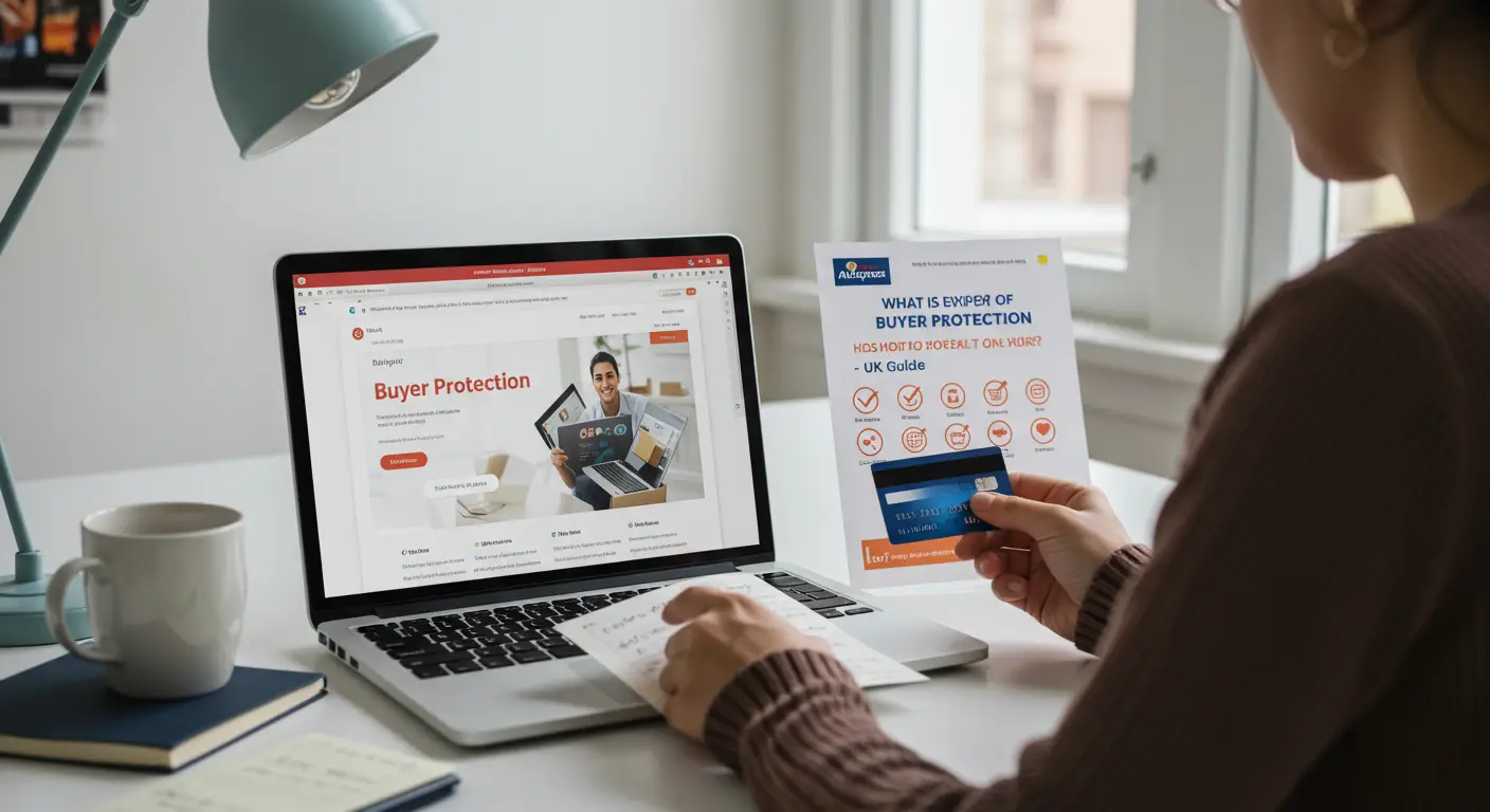 Illustration showing a person shopping online on a laptop with a shield icon representing buyer protection on AliExpress.