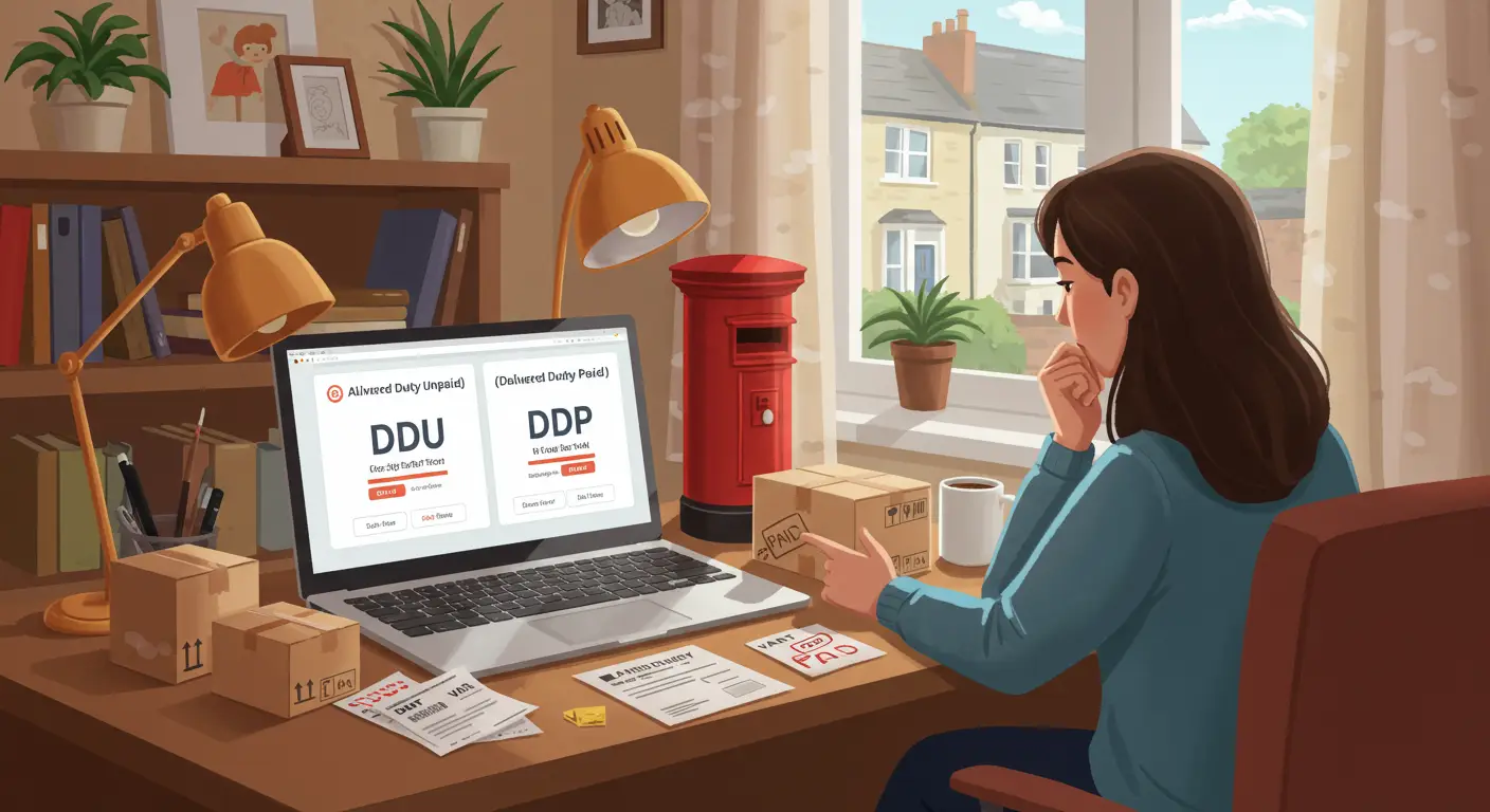 Illustration showing two delivery options on an online shopping website: DDU (Delivered Duty Unpaid) and DDP (Delivered Duty Paid), highlighting their differences for UK customers on AliExpress.