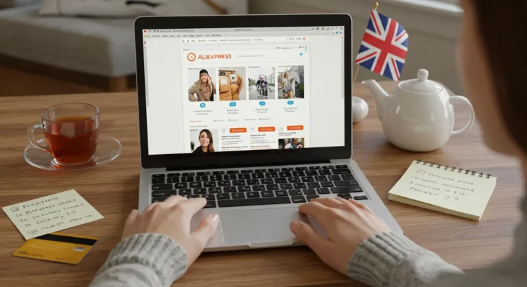 Online shopper browsing AliExpress UK website on laptop, comparing product prices and reviews, highlighting concerns about safety, secure payments, and delivery reliability.