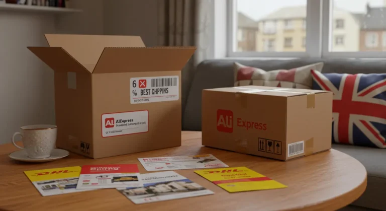 A person browsing AliExpress on a laptop, comparing shipping options for the UK, with parcel icons and a British flag in the background.