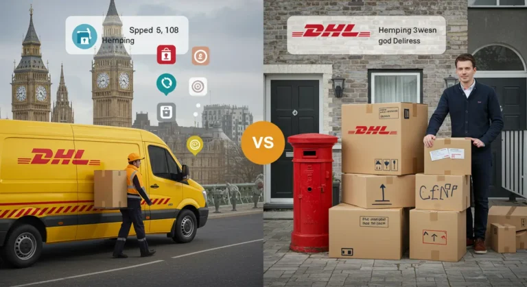 A DHL delivery van outside a UK home with AliExpress parcels, highlighting fast, reliable international shipping for online shopping compared to standard postal services.