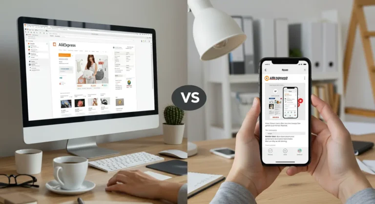 A shopper compares AliExpress website on a desktop and mobile app, highlighting differences in user experience, navigation, and features for online shopping convenience.