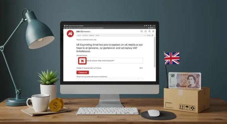 Online shopper pays taxes in advance on AliExpress order for UK delivery, with digital receipt and shopping cart visible on laptop screen.