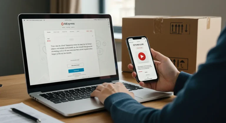 Customer holding smartphone with Aliexpress app, highlighting refund request screen, emphasising question about video proof for online shopping dispute and claim process.