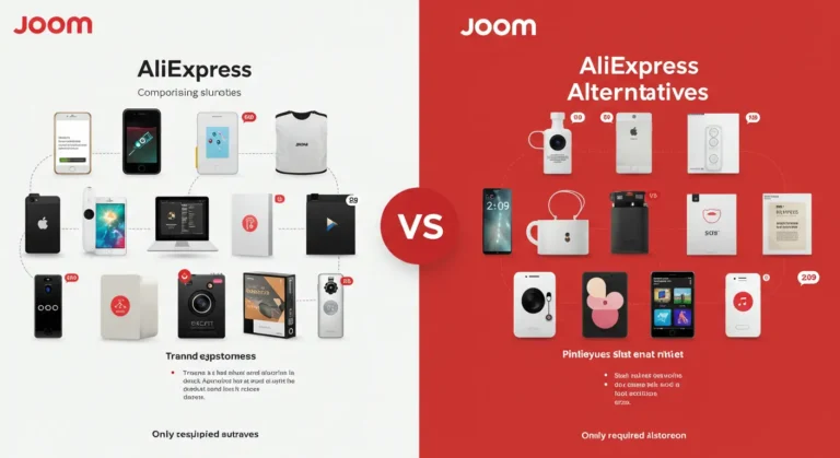 Joom and AliExpress logos side by side, displaying diverse products and price tags, highlighting comparison of product range and prices in online shopping.