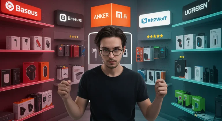 Top Aliexpress tech brands displayed with gadgets, positive ratings, and delivery icons, highlighting reliable online shopping for 2025 technology buyers.