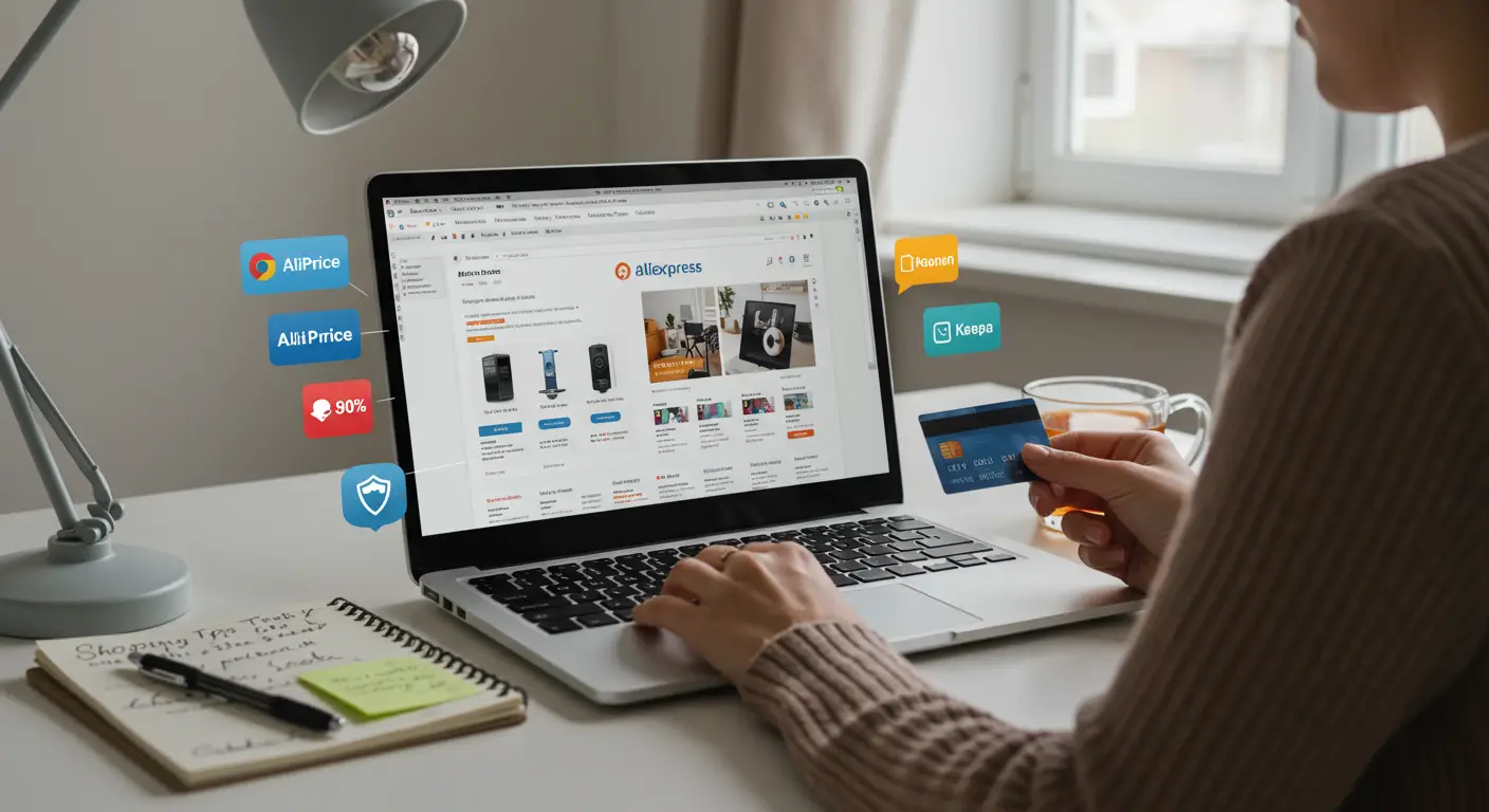 Screenshot of a person using a laptop to browse Aliexpress, with popular Chrome extension icons displayed above the screen, highlighting tools to enhance the online shopping experience.