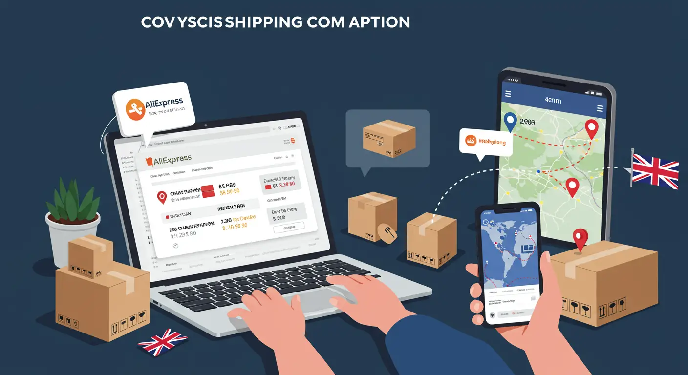 Screenshot of Aliexpress checkout page highlighting various shipping options and their prices for delivery to the UK, emphasising the cheapest available method.