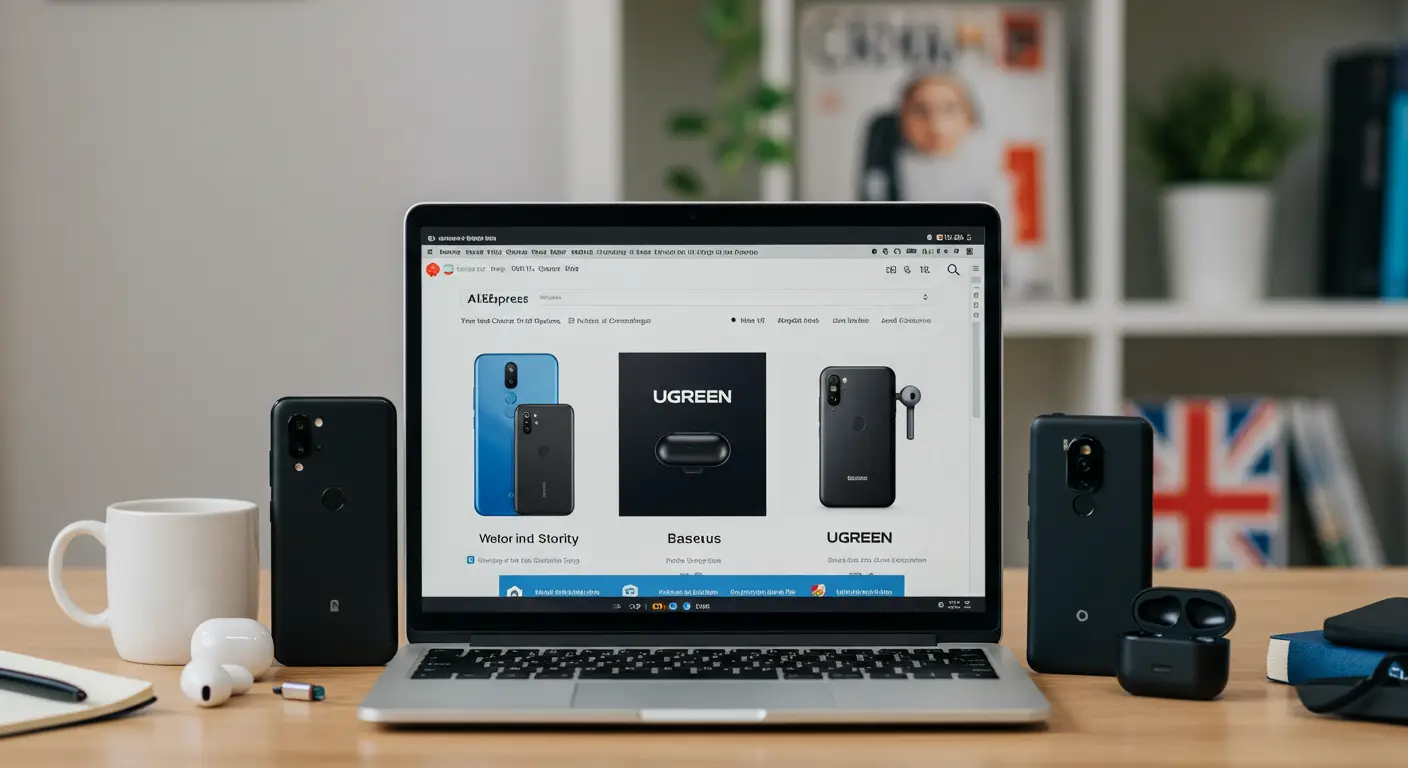 Screenshot of Aliexpress search results displaying official Xiaomi, Baseus, and UGREEN stores, with product listings and logos highlighted.