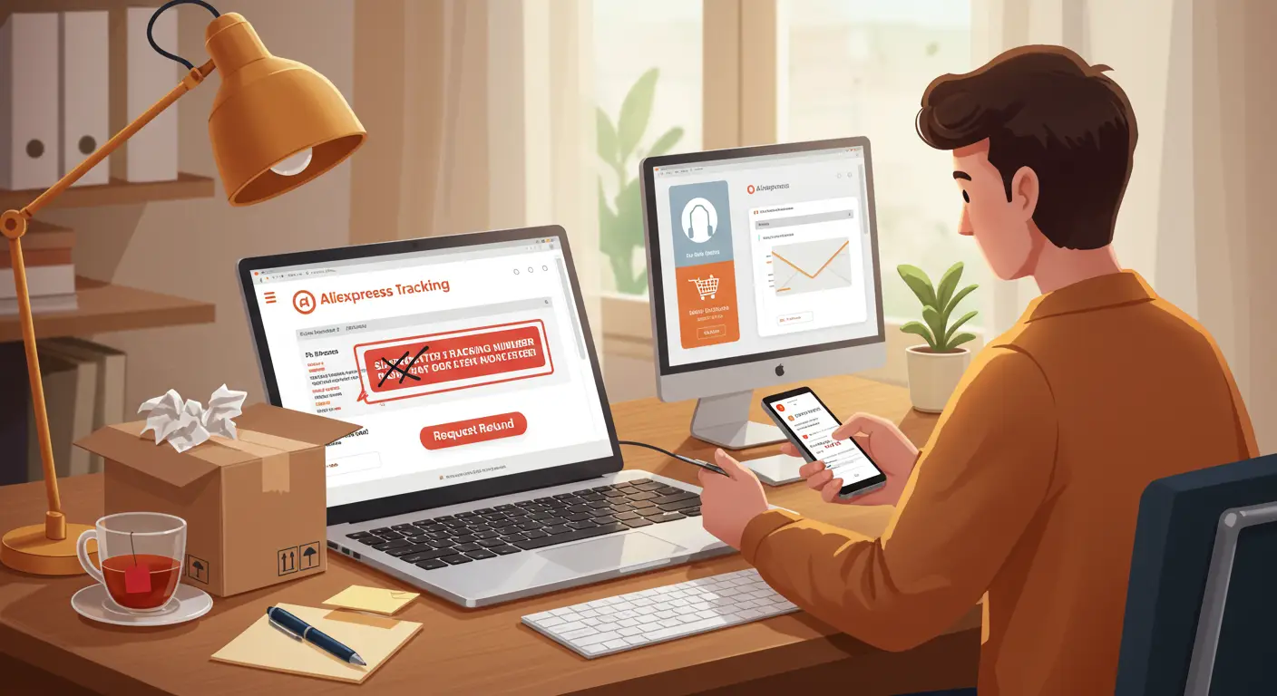 Screenshot of an AliExpress order details page displaying a fake tracking number, with highlighted buttons for tracking shipment and requesting a refund.