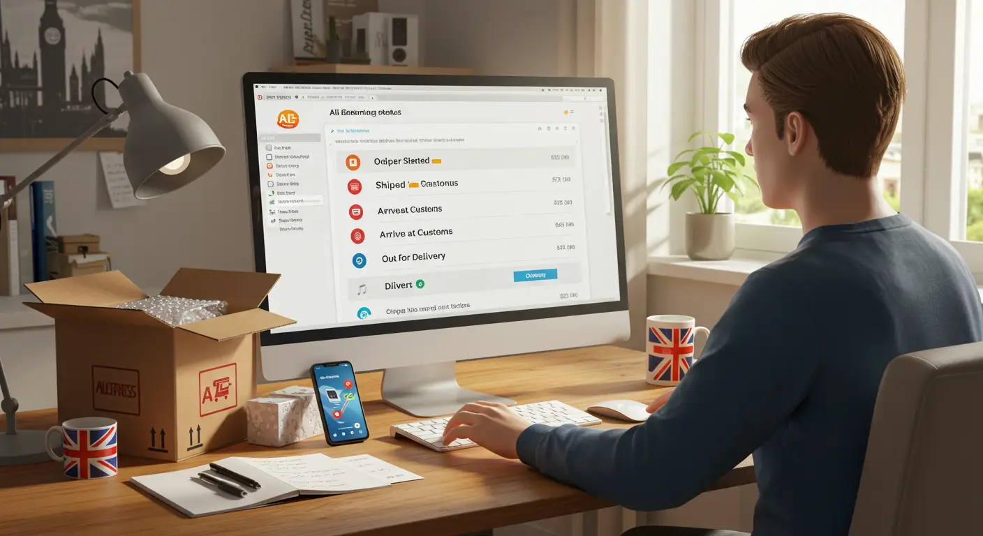 Screenshot of an AliExpress order tracking page showing various tracking statuses and their explanations in English, helping users understand the progress of their online purchase.