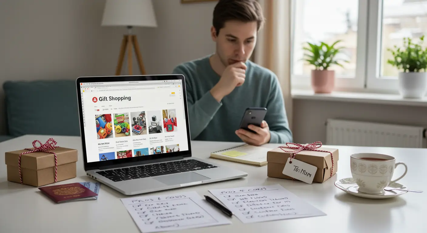 Screenshot of the AliExpress homepage displaying various gift items, highlighting discounts and international shipping options for UK shoppers.