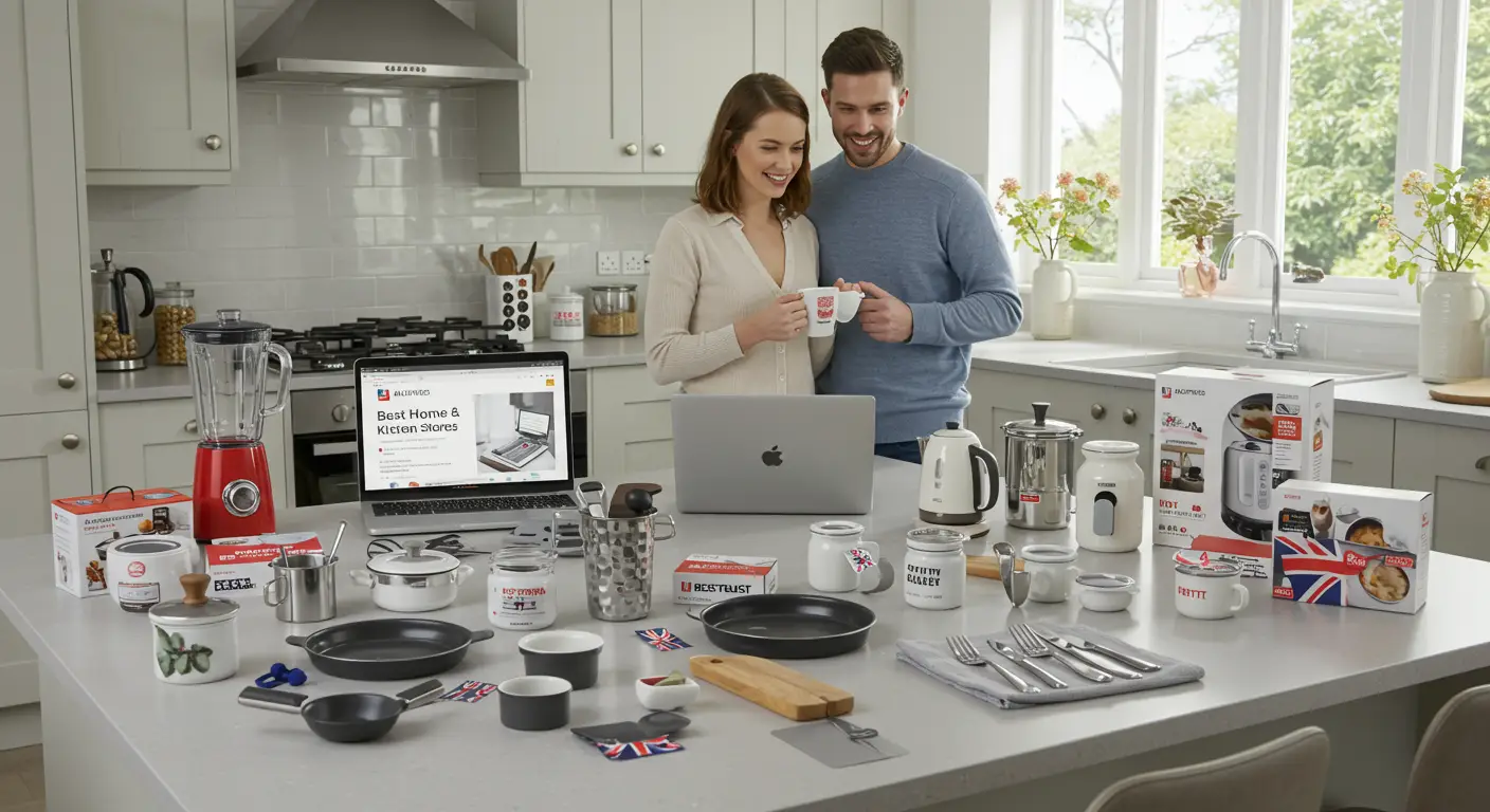 Screenshot of the AliExpress homepage displaying various home and kitchen products, with categories and deals highlighted for UK shoppers.