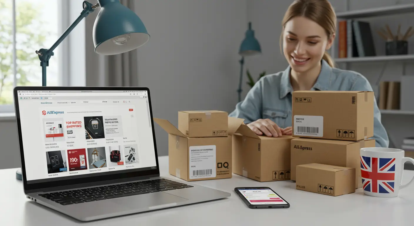 Screenshot of the AliExpress homepage highlighting stores that offer fast EU and UK warehouse shipping, with product categories and shipping filter options visible.